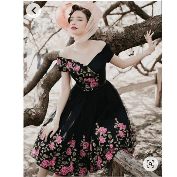 🌸 NWT Off Shoulder Retro Pinup Vintage 1950s Mesh Floral Embroidered Dress XL - Picture 2 of 16